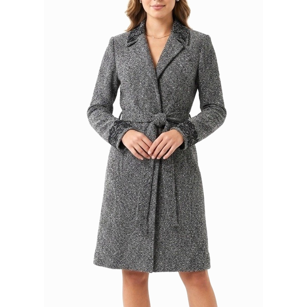 ST JOHN Collection Tweed Jacket Coat Belt Lined Pockets Black White Vintage XS